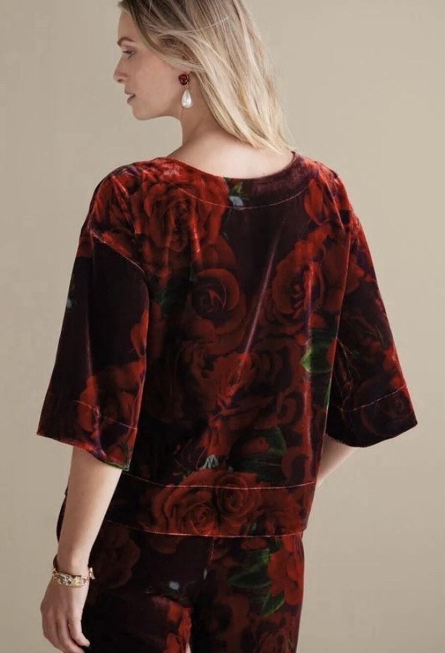 Soft Surroundings Aria Velvet Top XL Cabernet Burgundy Roses 3/4 Sleeve Blouse
